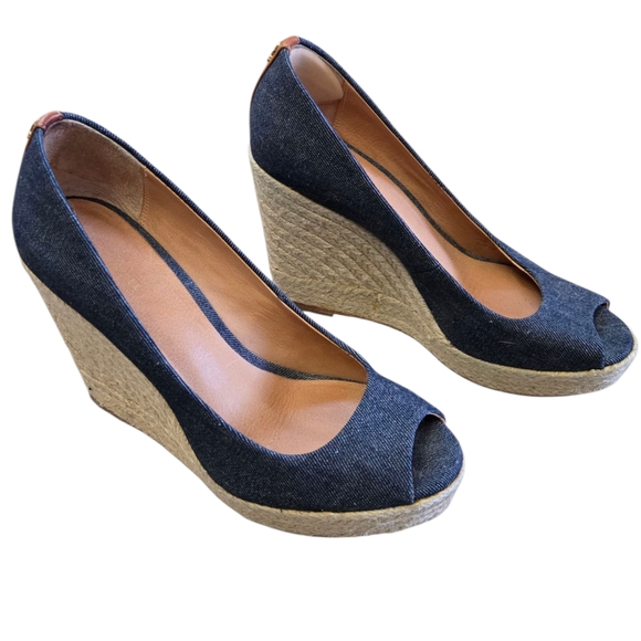 Coach Shoes - Coach Dark Denim Espadrille Peep-Toe Wedge Heels